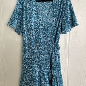 APRICOT Teal White Floral Wrap Dress Size XL Short Sleeve